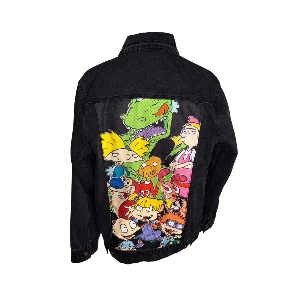 Nickelodeon 90s Cartoon Graphic Black Denim Trucker Jacket Rugrats Arnold Reptar
